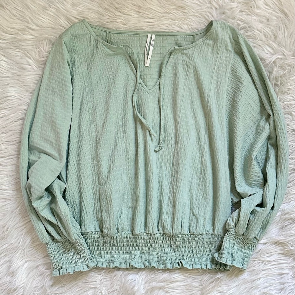 ANTHROPOLOGIE S M Rebecca Smocked Top in Mint • Oversized Peasant Blouse - Picture 9 of 13
